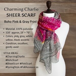 🌸 Charming Charlie Sheer Scarf – Boho Pink & Gray Print